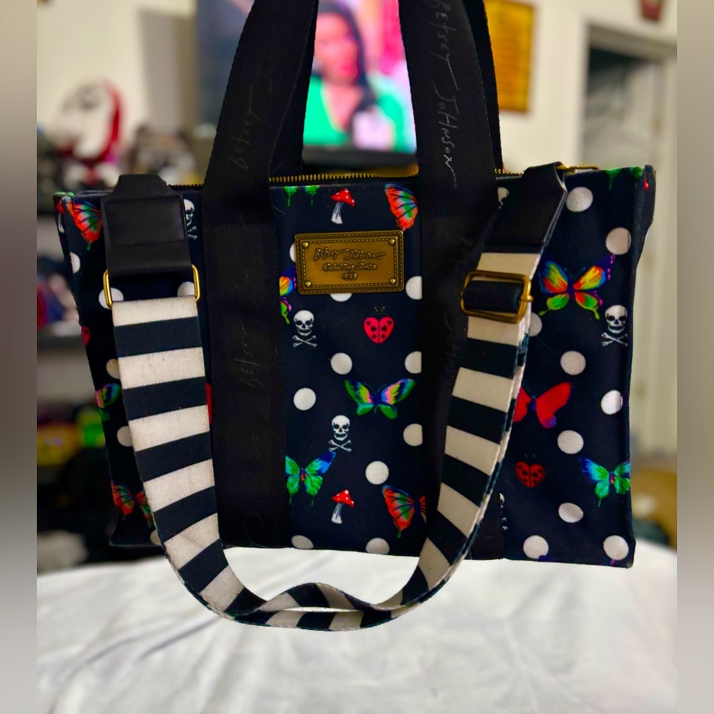 Betsey Johnson Canvas Tote. Black Polka dots, Butterflies, Mushrooms, and Skulls
